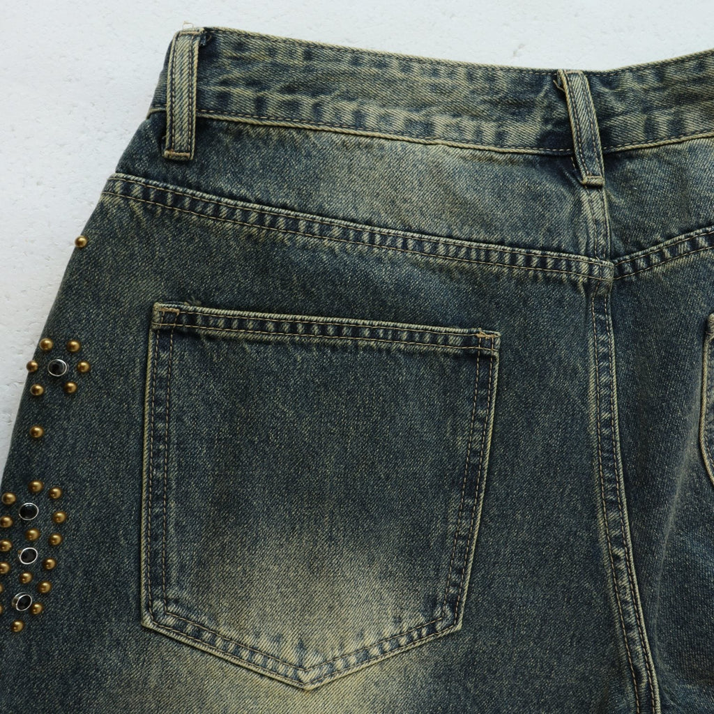 VALLEY Studded Distressed Washed Denim Shorts — detail
