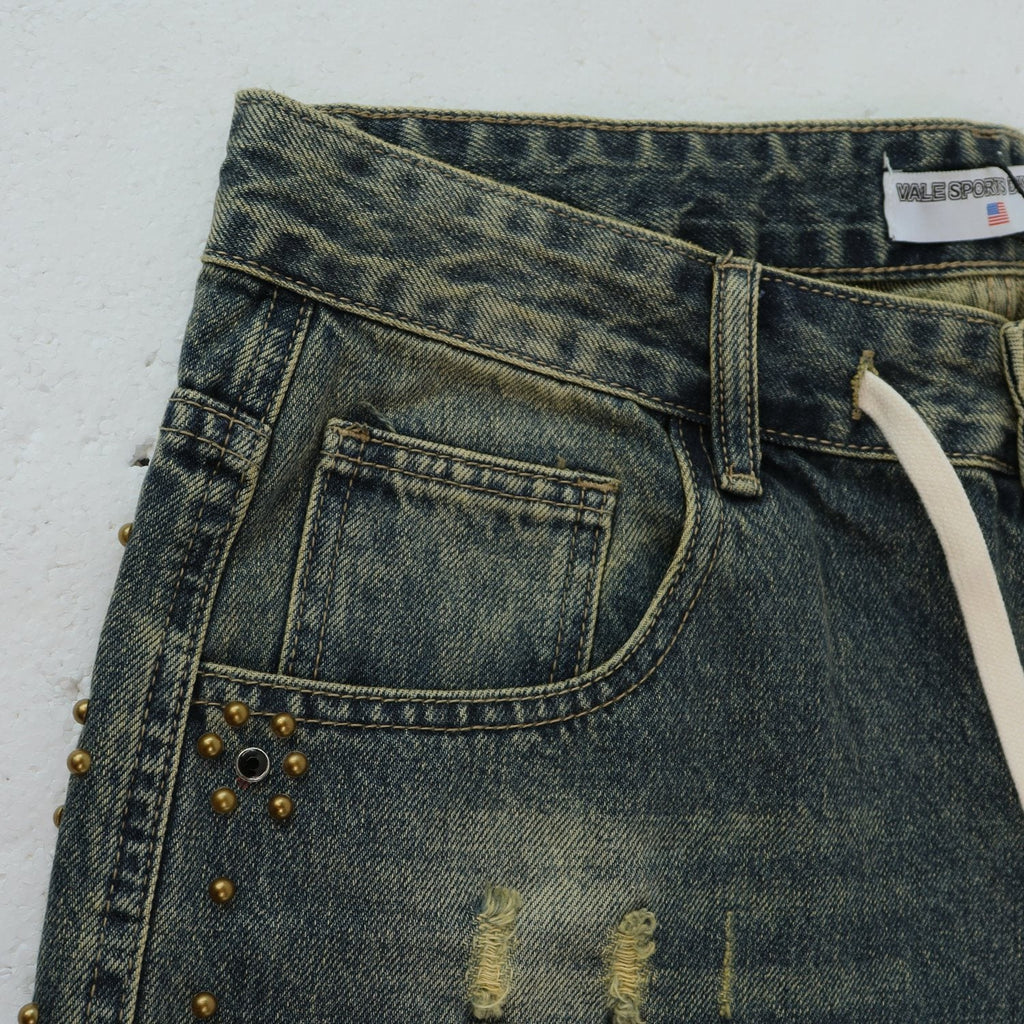 VALLEY Studded Distressed Washed Denim Shorts — detail