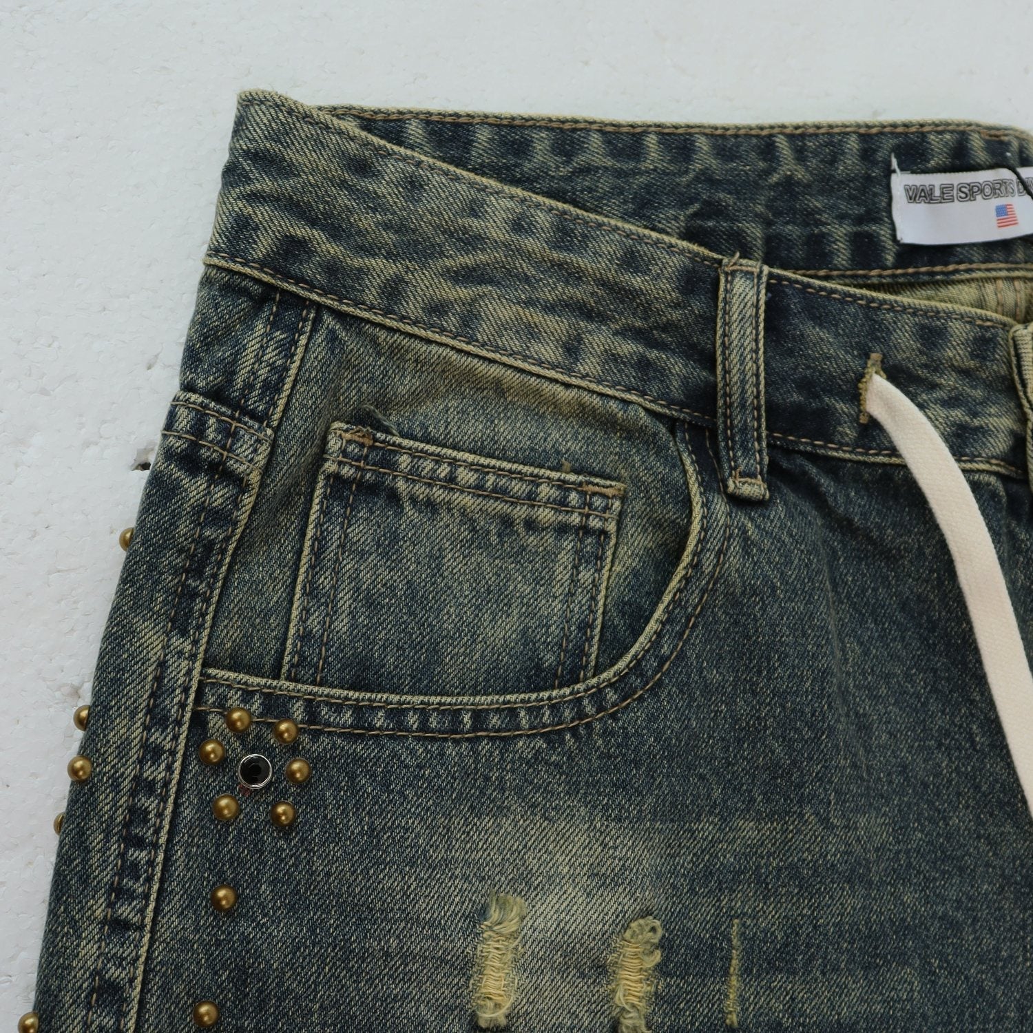 VALLEY Studded Distressed Washed Denim Shorts — detail
