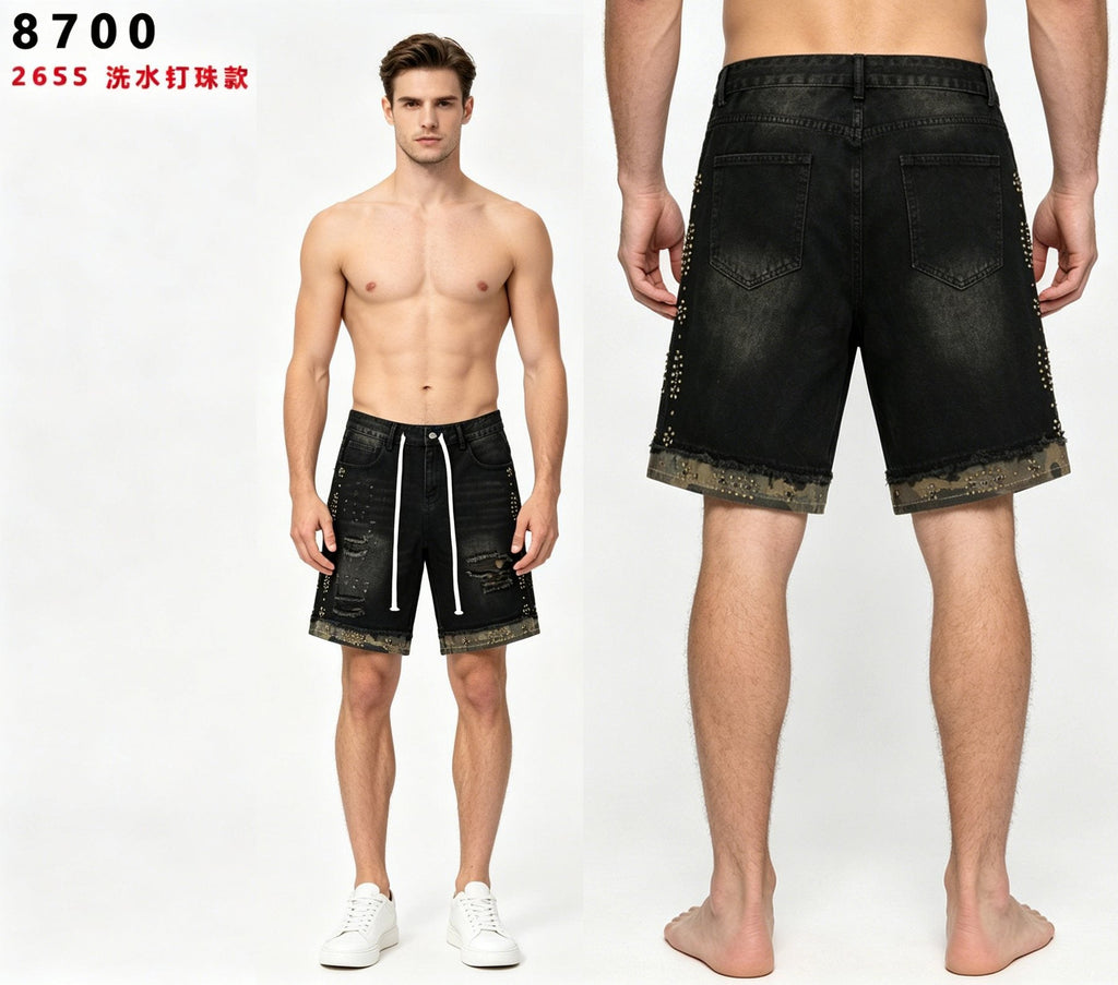 VALLEY Studded Distressed Washed Denim Shorts — model