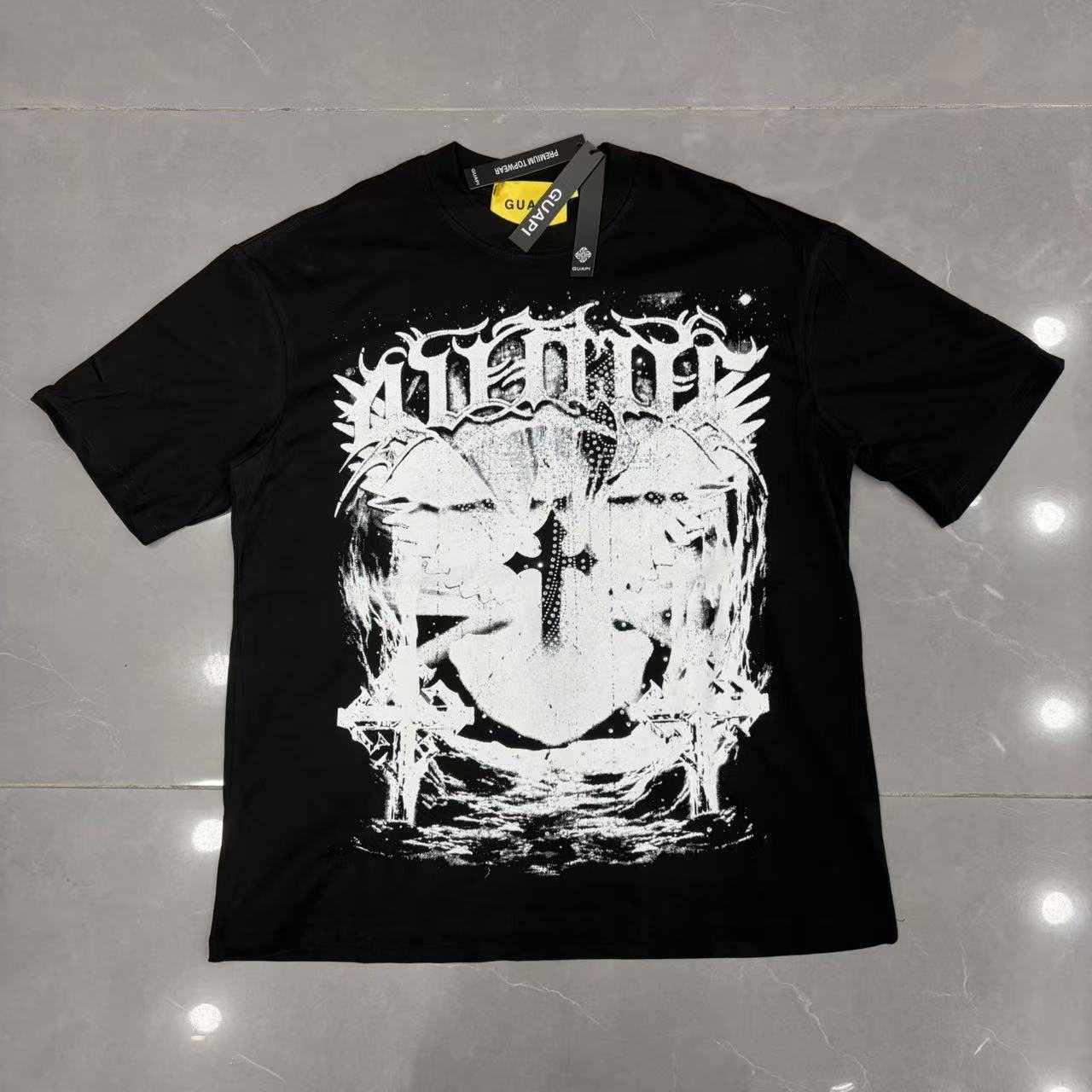 GUAPI Distressed Rhinestone Graphic T-Shirt — front