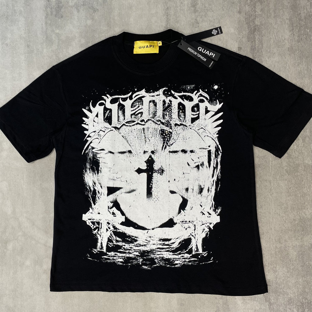 GUAPI Distressed Rhinestone Graphic T-Shirt — front