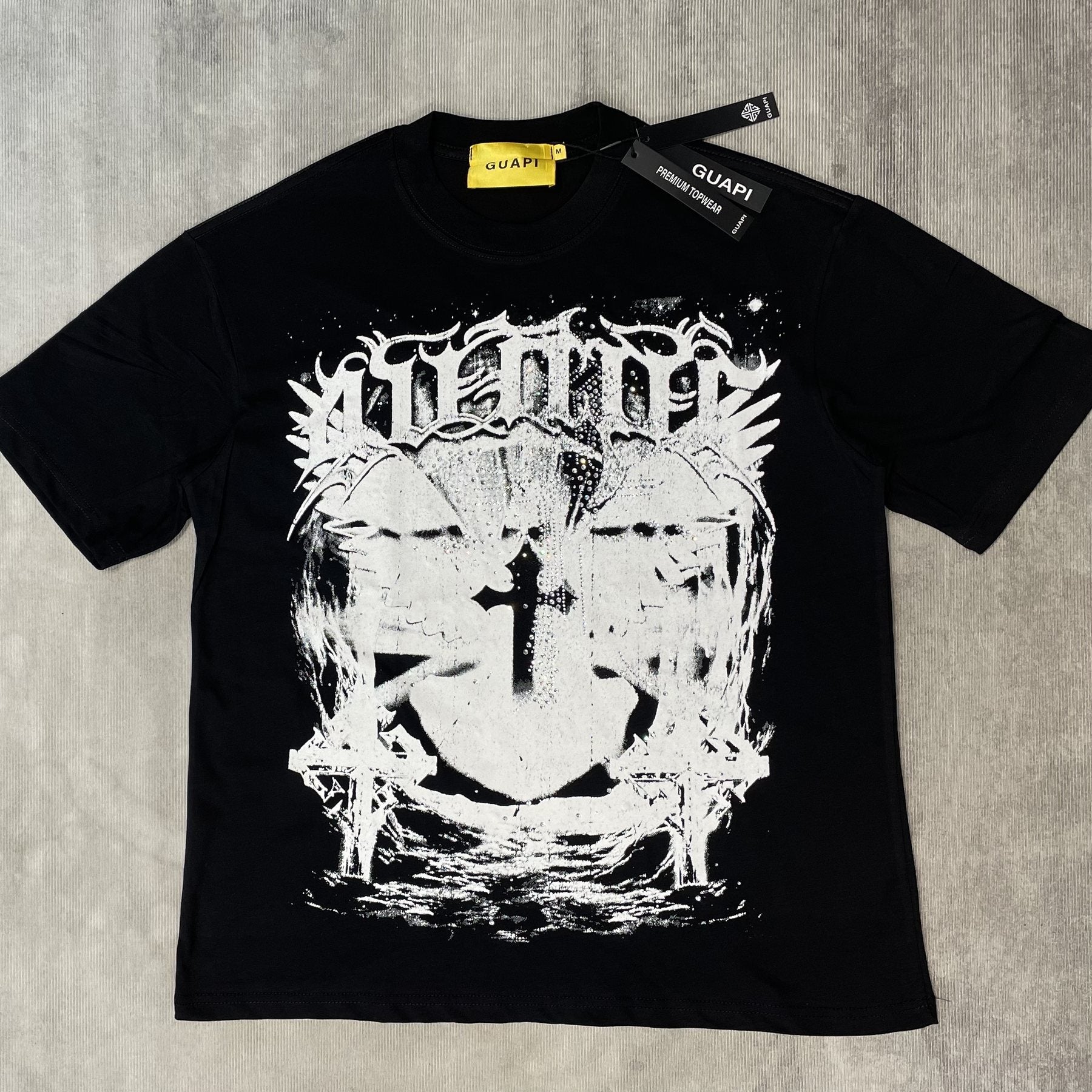 GUAPI Distressed Rhinestone Graphic T-Shirt — front