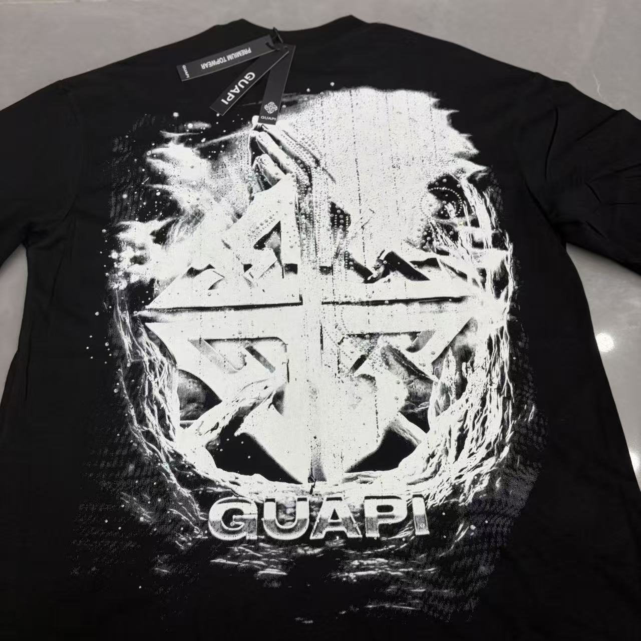 GUAPI Distressed Rhinestone Graphic T-Shirt — detail
