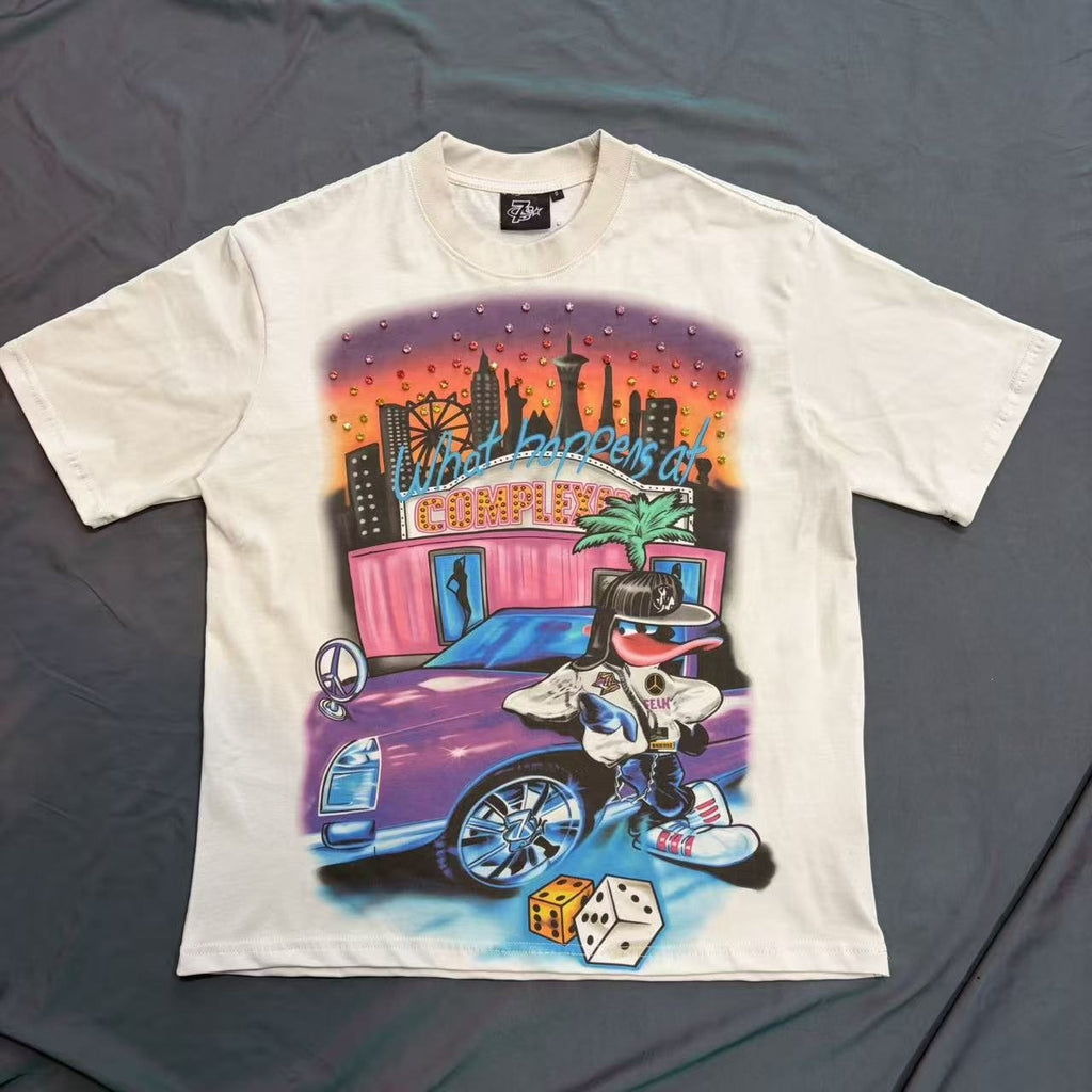 TRIPLE SEVENS Cream Rhinestone Graphic Short-Sleeve T-Shirt — front