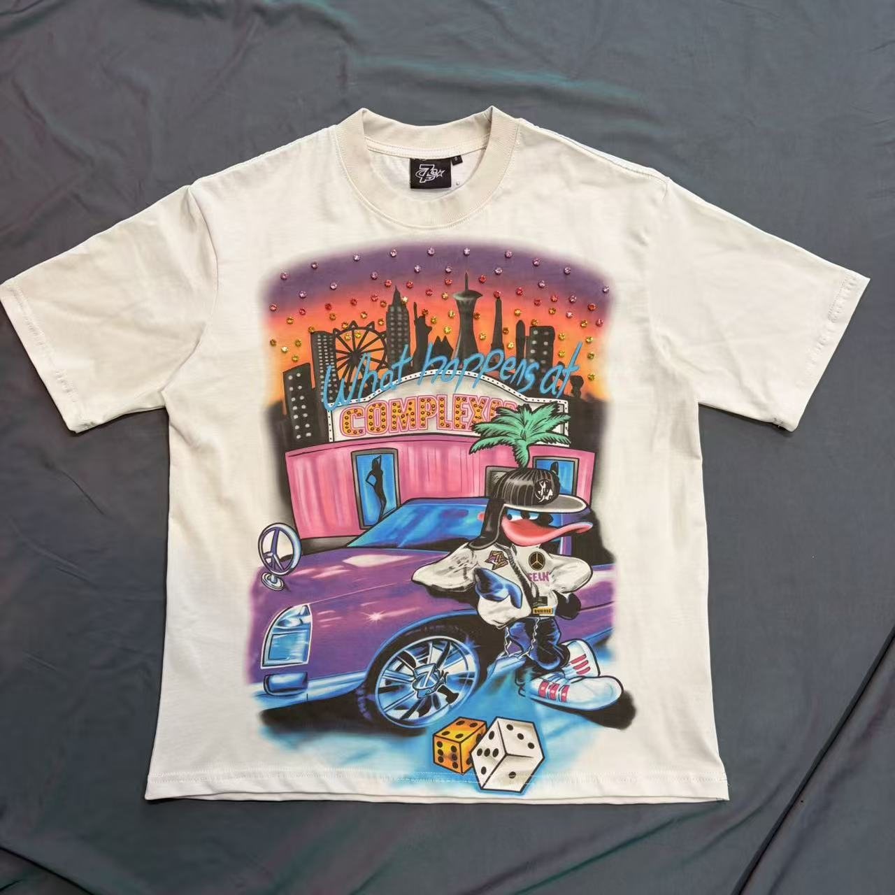 TRIPLE SEVENS Cream Rhinestone Graphic Short-Sleeve T-Shirt — front