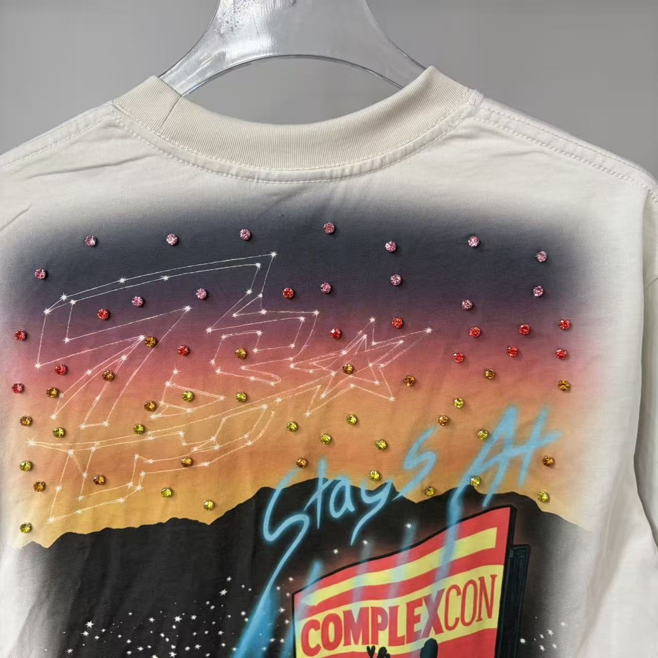 TRIPLE SEVENS Cream Rhinestone Graphic Short-Sleeve T-Shirt — detail