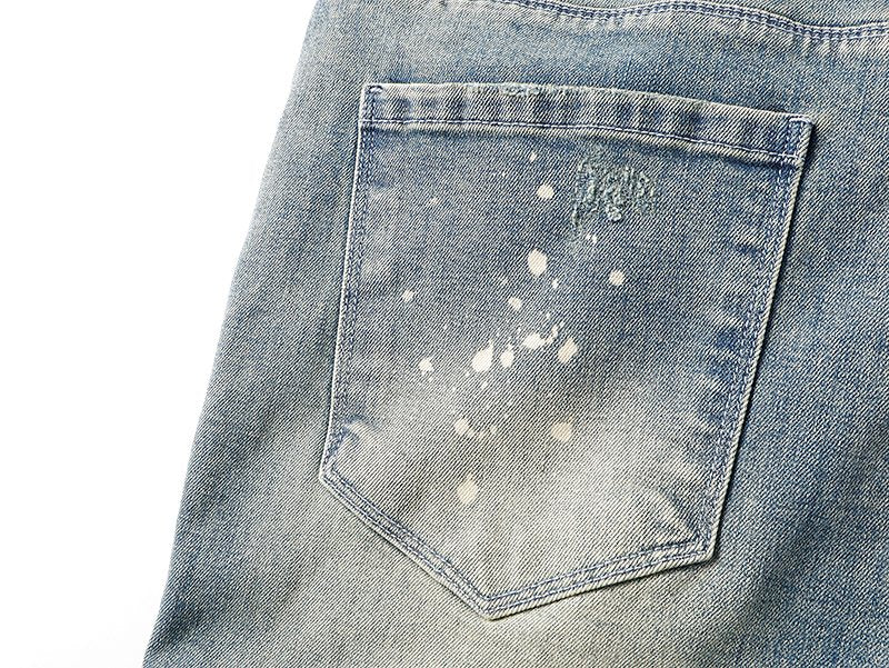 R+A Light Blue Distressed Paint Splatter Jeans — detail