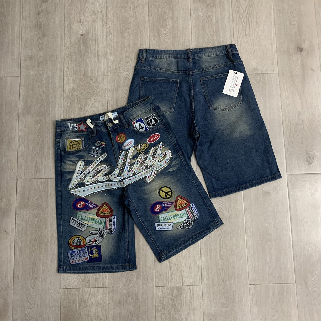 VALE 1980s Patch Rhinestone Denim Shorts — front