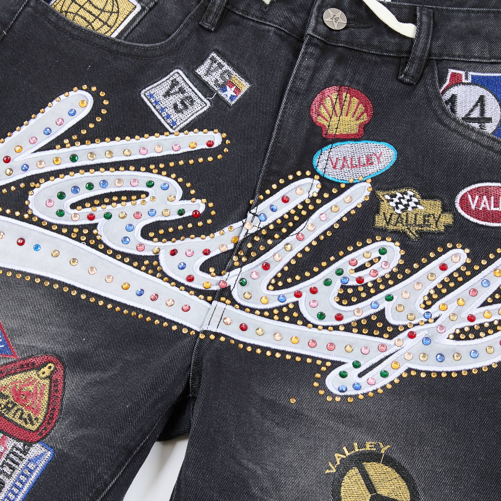 VALE 1980s Patch Rhinestone Denim Shorts — detail