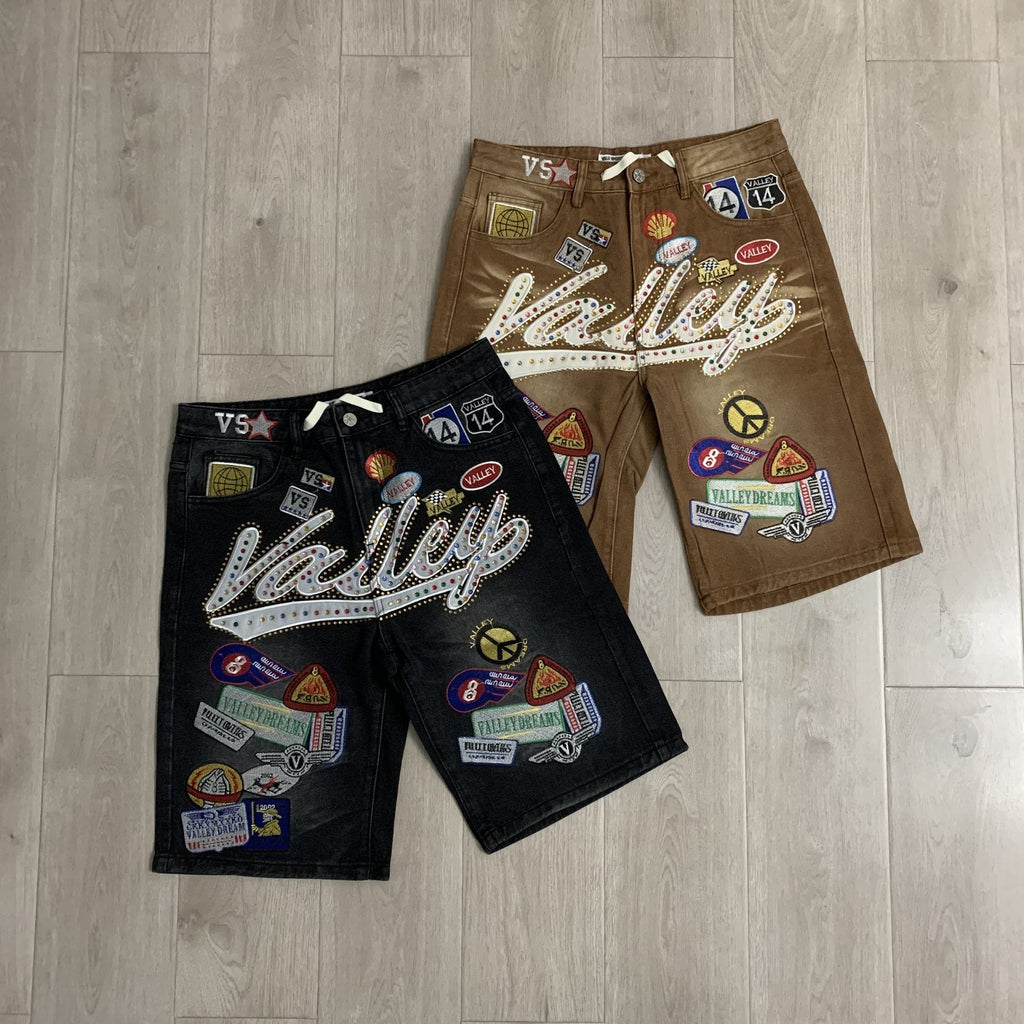 VALE 1980s Patch Rhinestone Denim Shorts — comparison