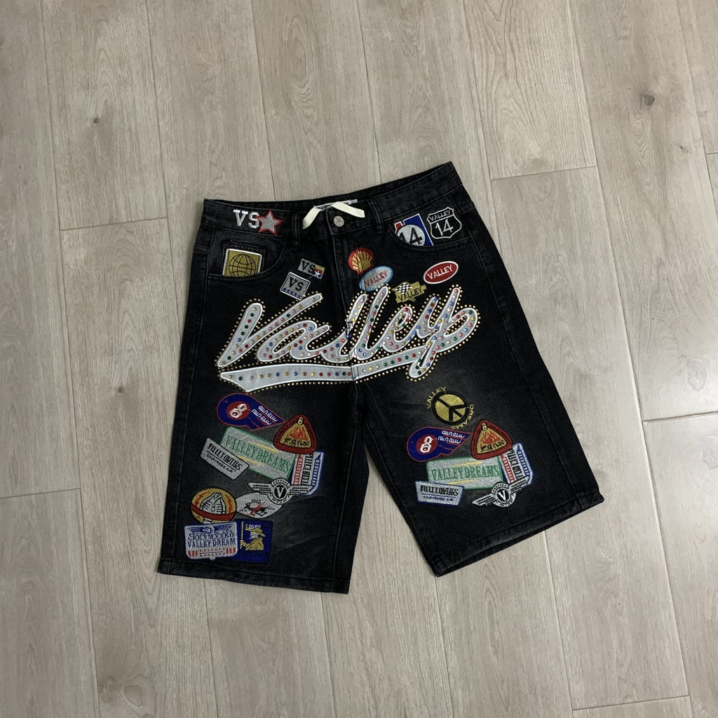 VALE 1980s Patch Rhinestone Denim Shorts — front