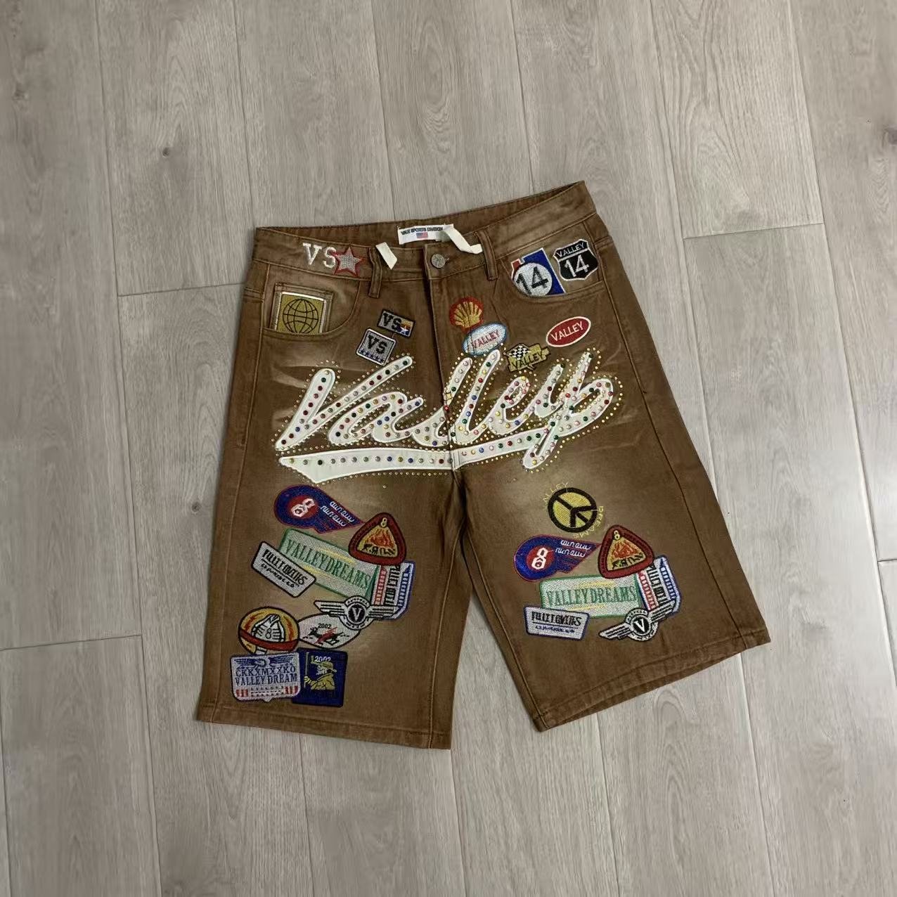 VALE 1980s Patch Rhinestone Denim Shorts — front