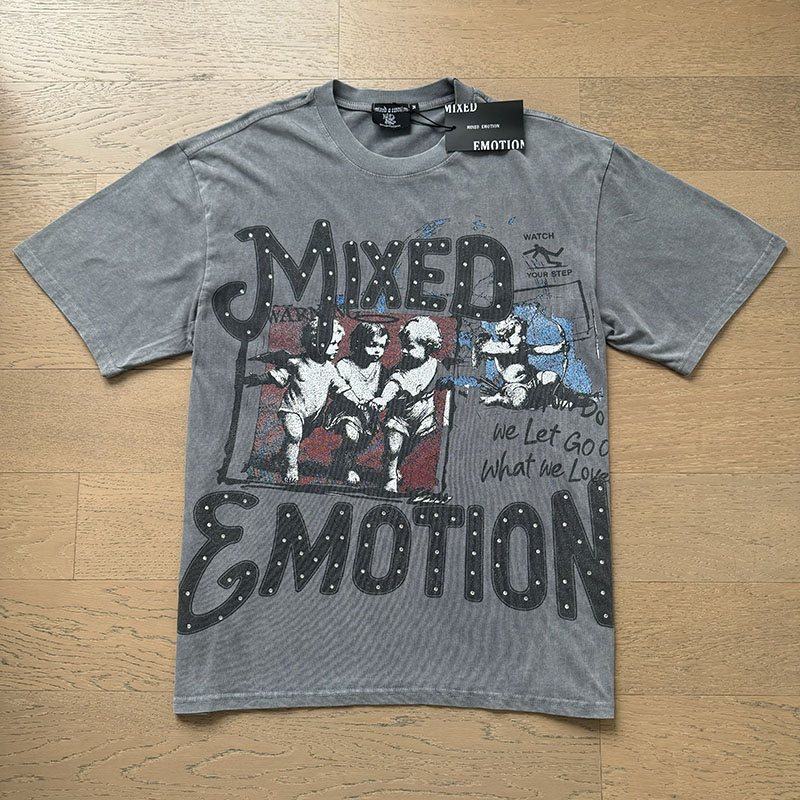 MIXED EMOTION Washed Gray Rhinestone Graphic T-Shirt — hero