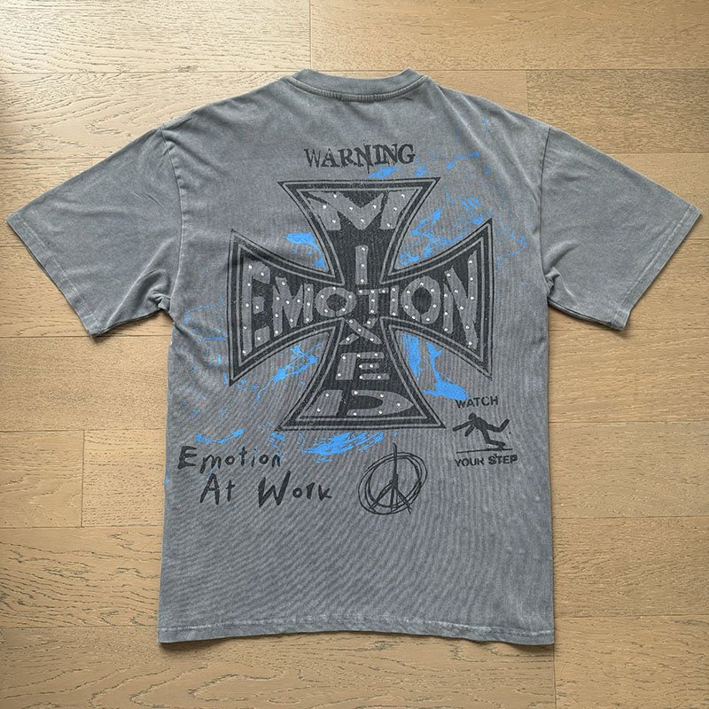 MIXED EMOTION Washed Gray Rhinestone Graphic T-Shirt — back