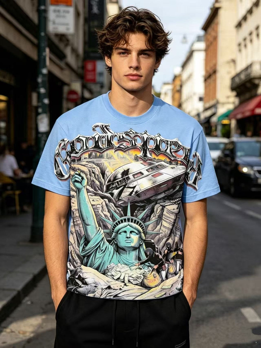 Godspeed Rock Graphic Short-Sleeve T-Shirt — model