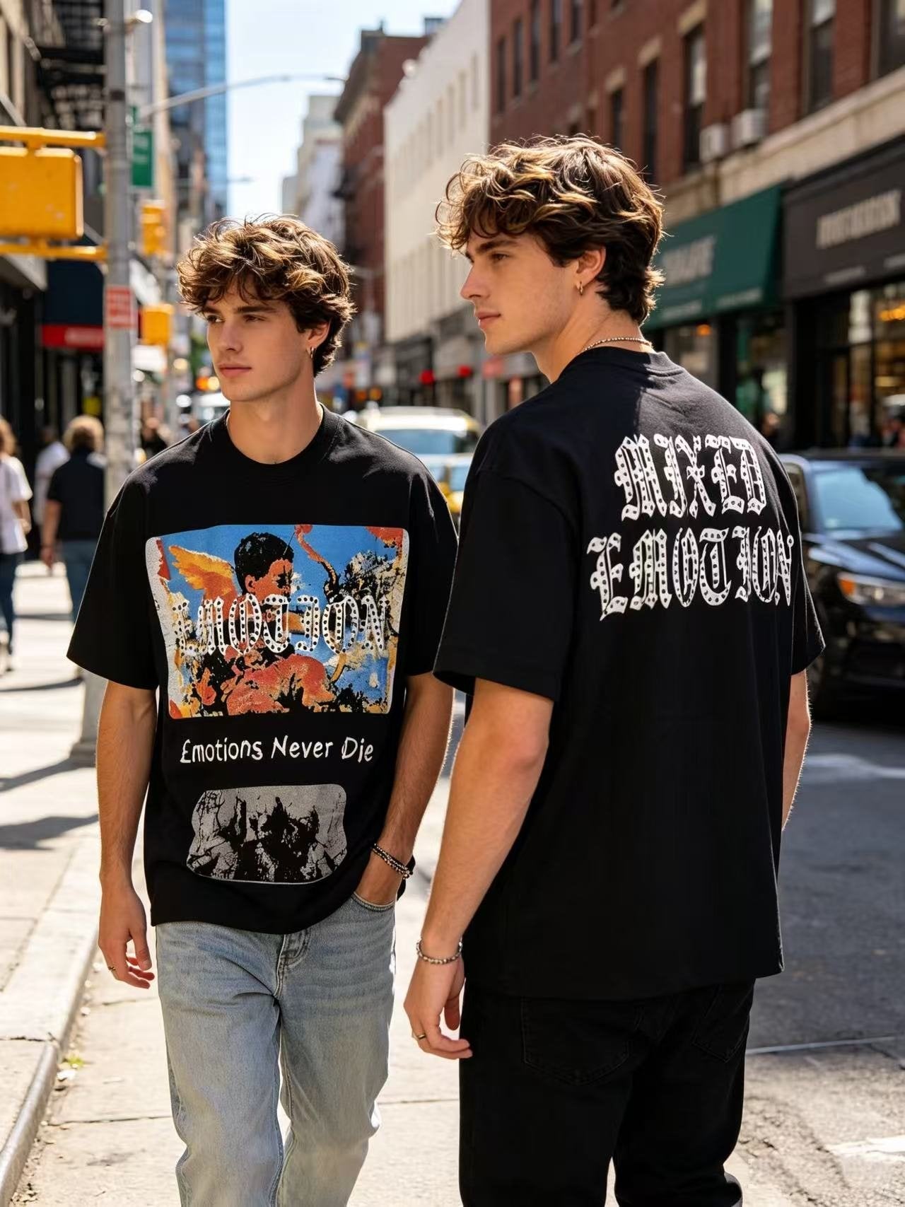 MIXED EMOTION Rhinestone Graphic T-Shirt — model
