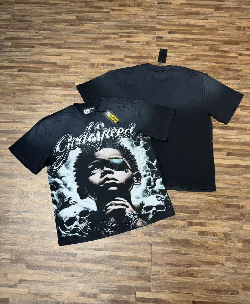 Godspeed Portrait Skull Distressed Short-Sleeve T-Shirt — context