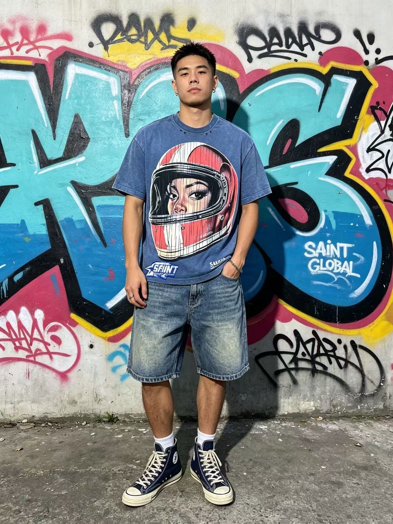 SAINT Washed Rhinestone Graphic T-Shirt — model