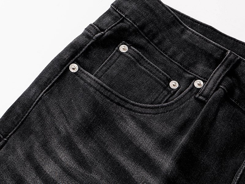 Purple Brand Black Paint-Splatter Distressed Flared Jeans — detail