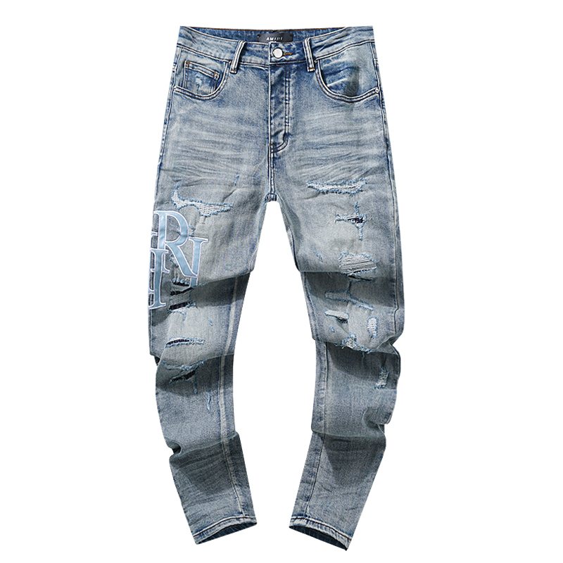 AMIRI Light Blue Letter Graphic Distressed Jeans — hero