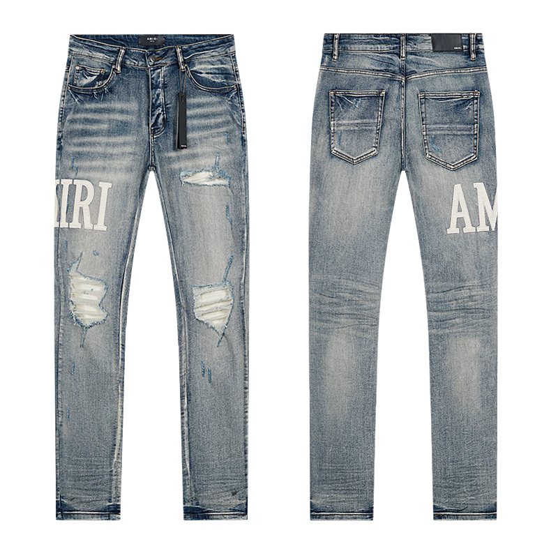 AMIRI Light Blue Distressed Letter Applique Jeans — hero