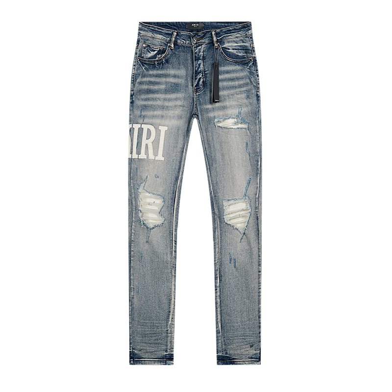 AMIRI Light Blue Distressed Letter Applique Jeans — front