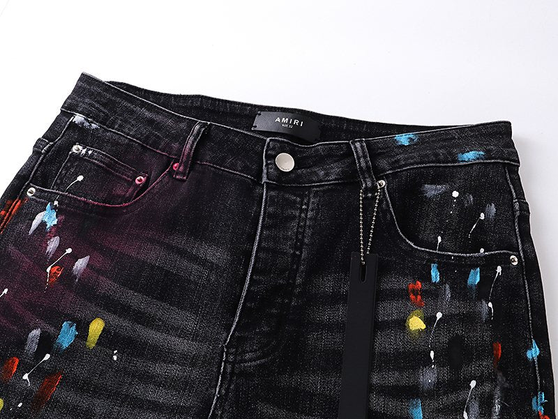 AMIRI Paint Splatter Distressed Black Jeans — detail
