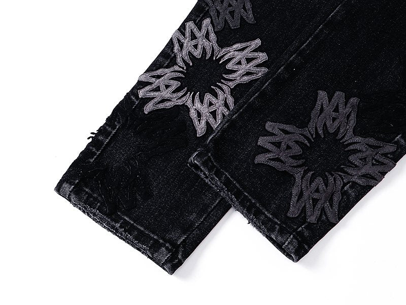 AMIRI Black Floral Distressed Jeans — detail