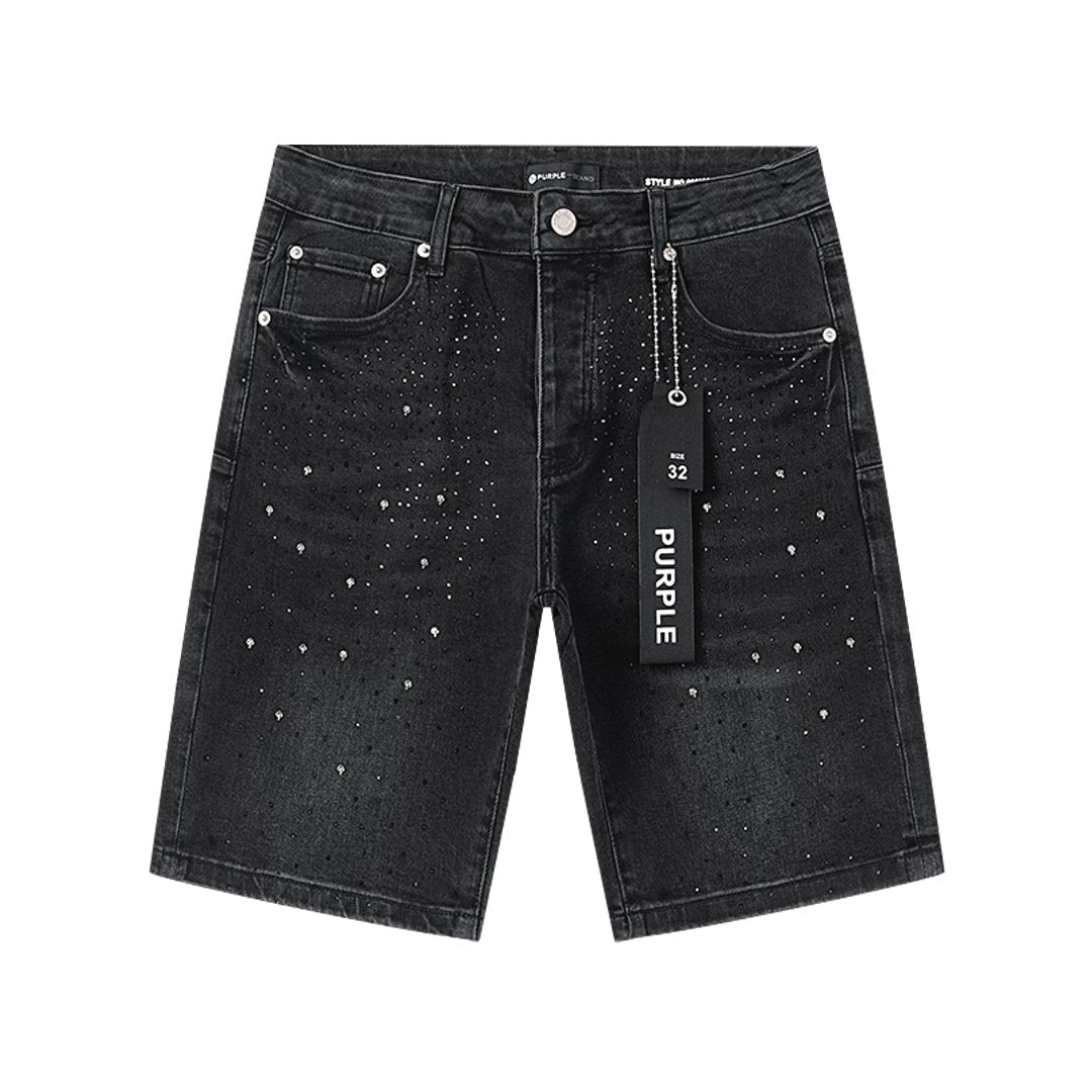 Purple Brand Black Rhinestone Splatter Denim Shorts — hero