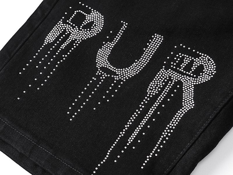 Purple Brand Black Rhinestone Denim Shorts — detail