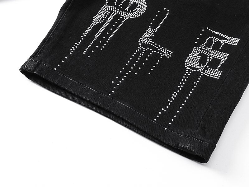 Purple Brand Black Rhinestone Denim Shorts — detail