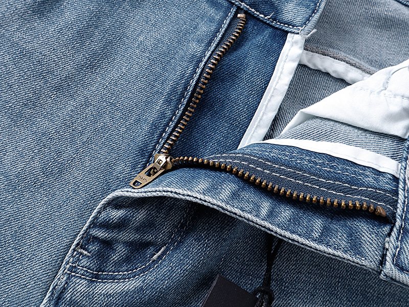 R+A Light Blue Distressed Straight-Leg Jeans — detail