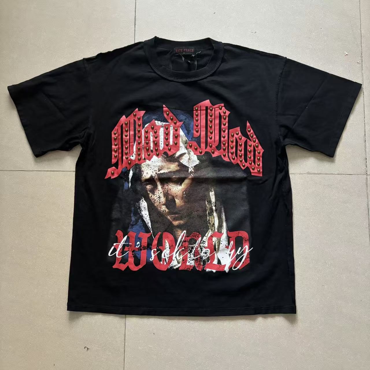 RARE PEACE Mad World Graphic Short-Sleeve T-Shirt — front