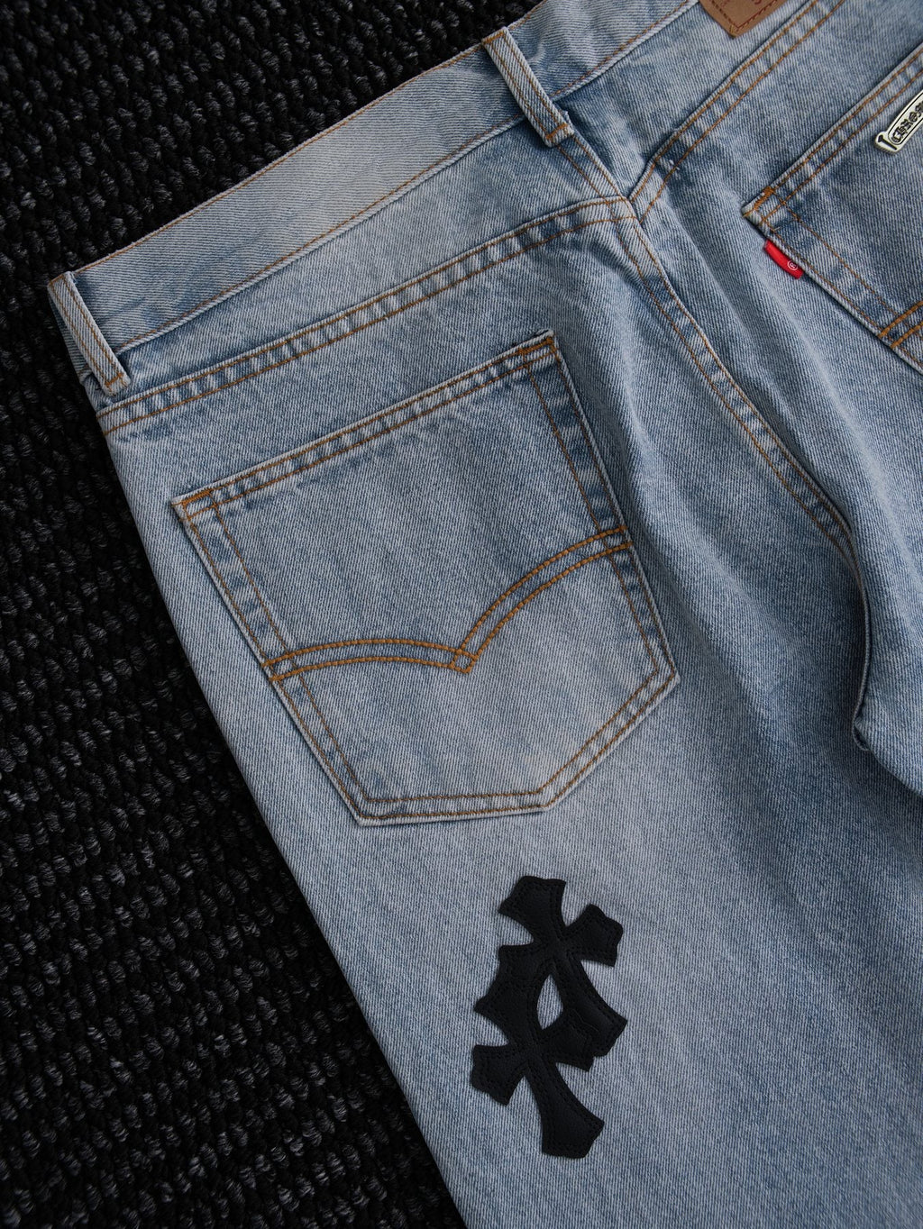 Chrome Hearts Light Blue Cross Patch Jeans — detail