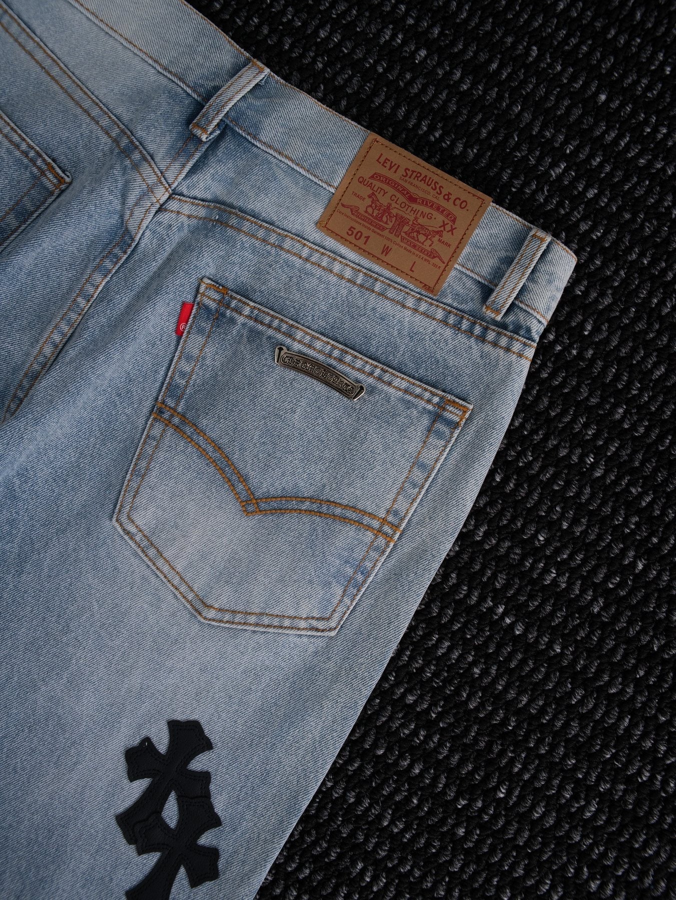 Chrome Hearts Light Blue Cross Patch Jeans — detail