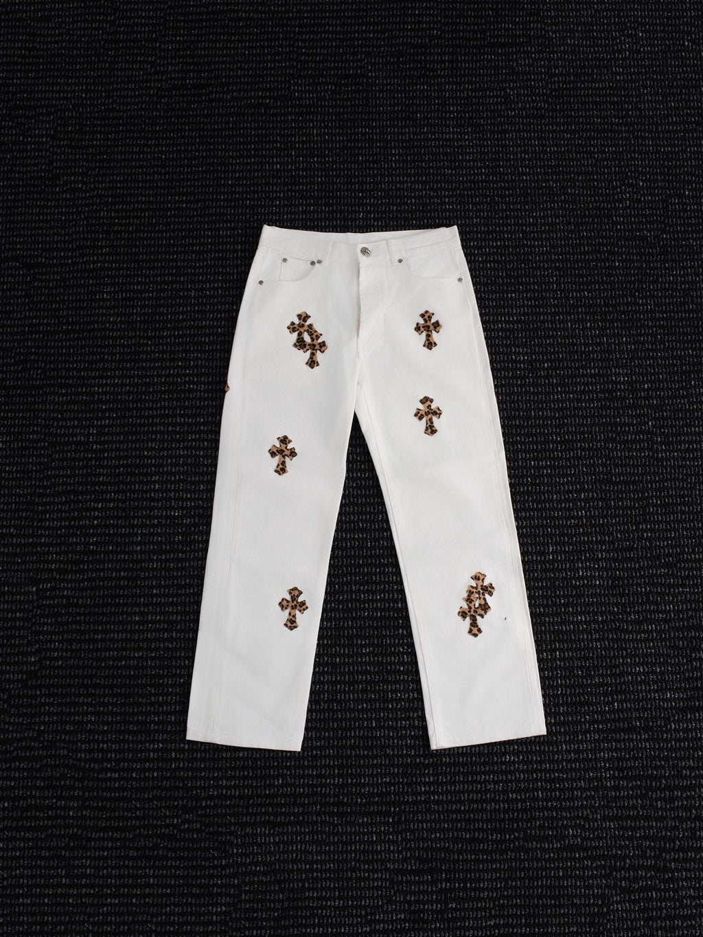 Chrome Hearts Leopard Cross Patch White Jeans — hero