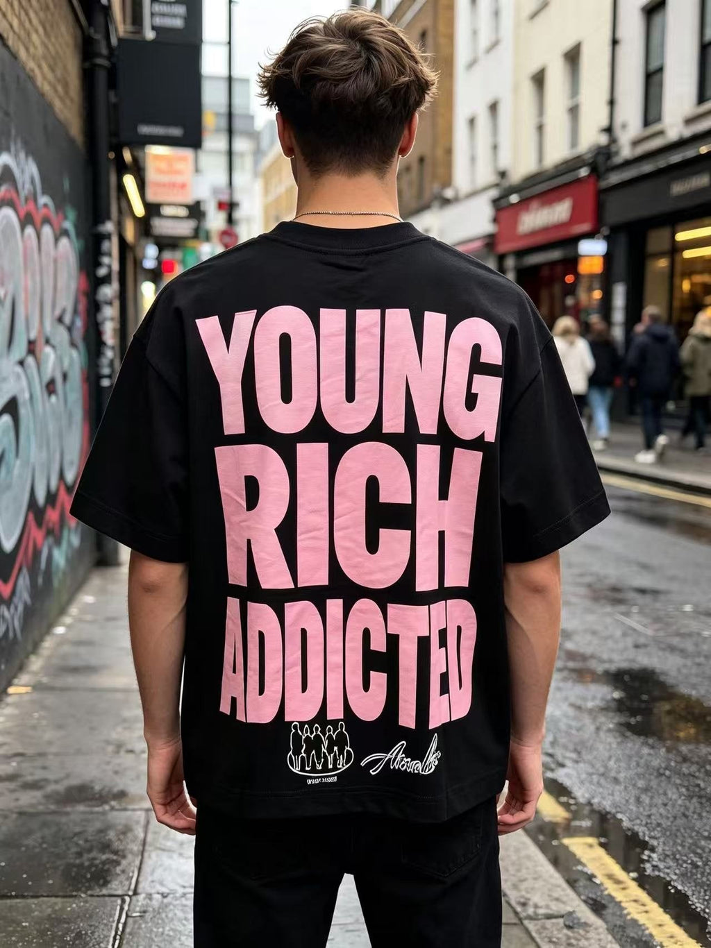 ASAALL Young Rich Addicted Portrait Graphic T-Shirt — model