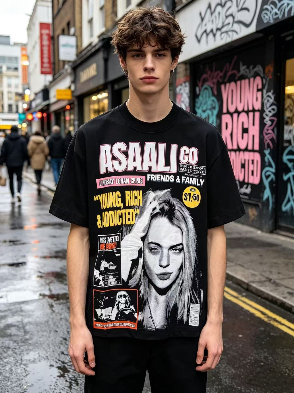 ASAALL Young Rich Addicted Portrait Graphic T-Shirt — model