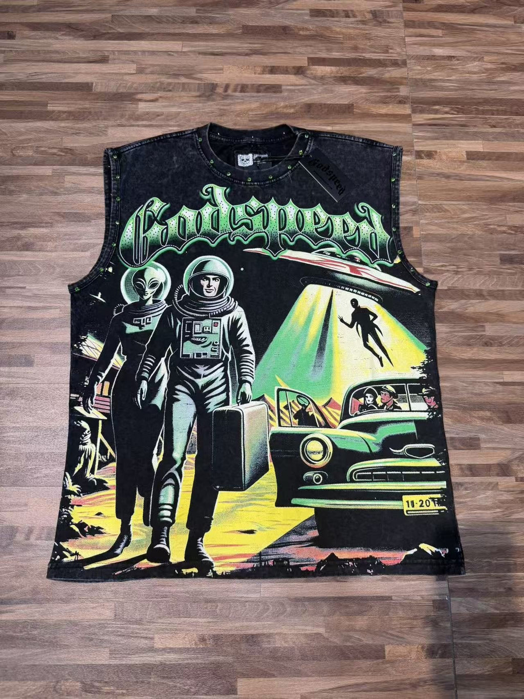 Godspeed Space Graphic Acid-Wash Sleeveless T-Shirt — front