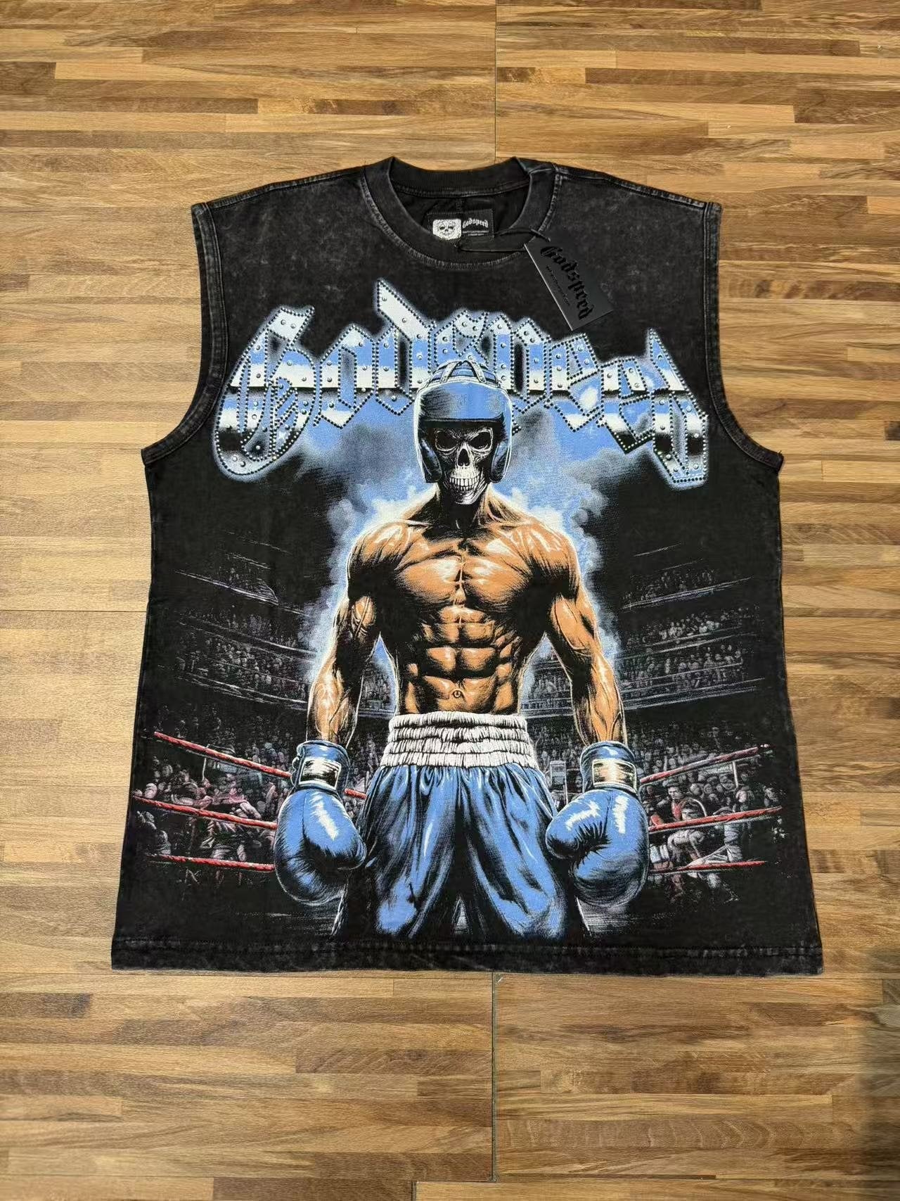 Godspeed Boxer Skull Graphic Acid-Wash Sleeveless T-Shirt — front