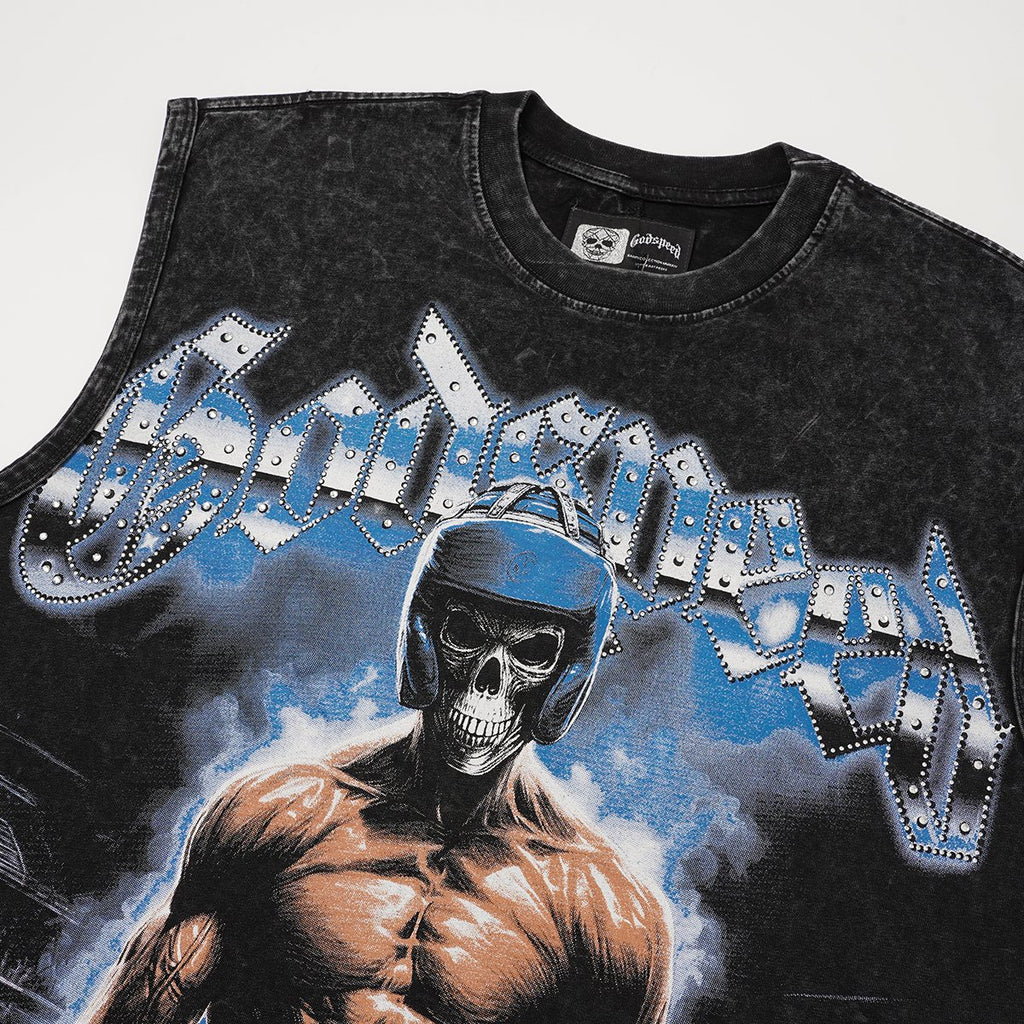 Godspeed Boxer Skull Graphic Acid-Wash Sleeveless T-Shirt — detail