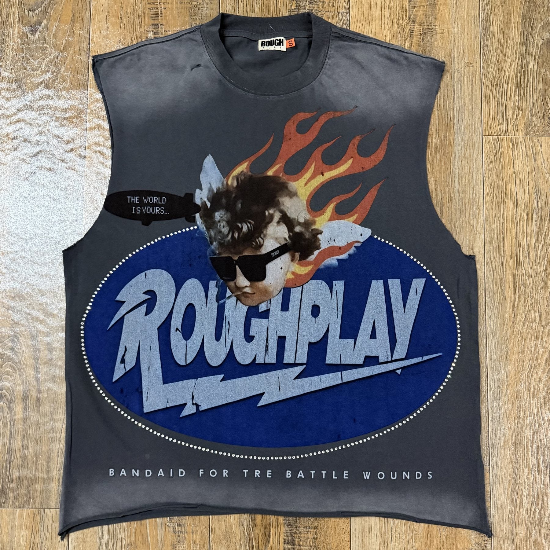 Rough Play Face & Flame Sleeveless T-Shirt — front