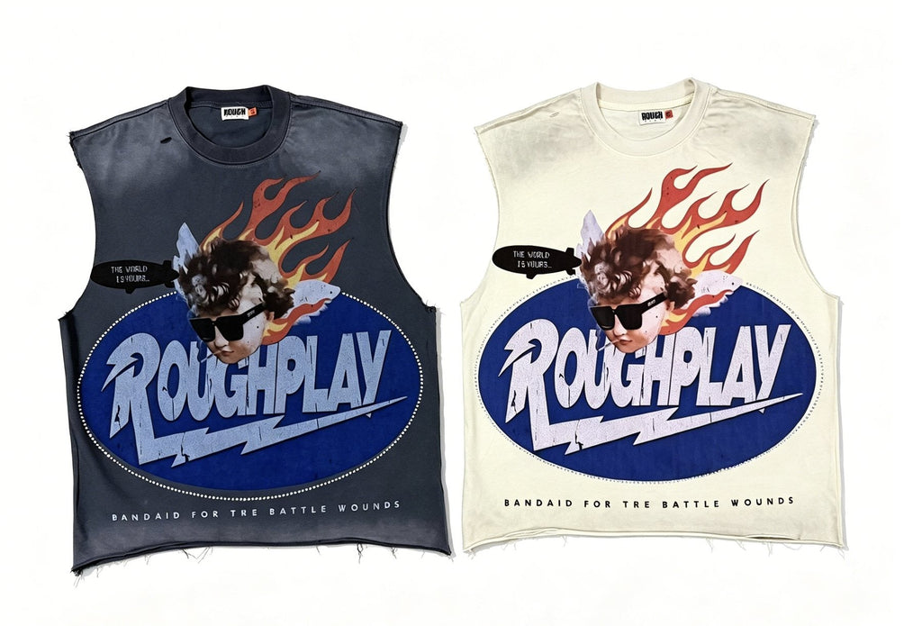 Rough Play Face & Flame Sleeveless T-Shirt — comparison