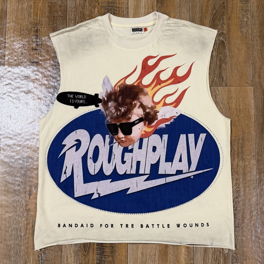 Rough Play Face & Flame Sleeveless T-Shirt — front