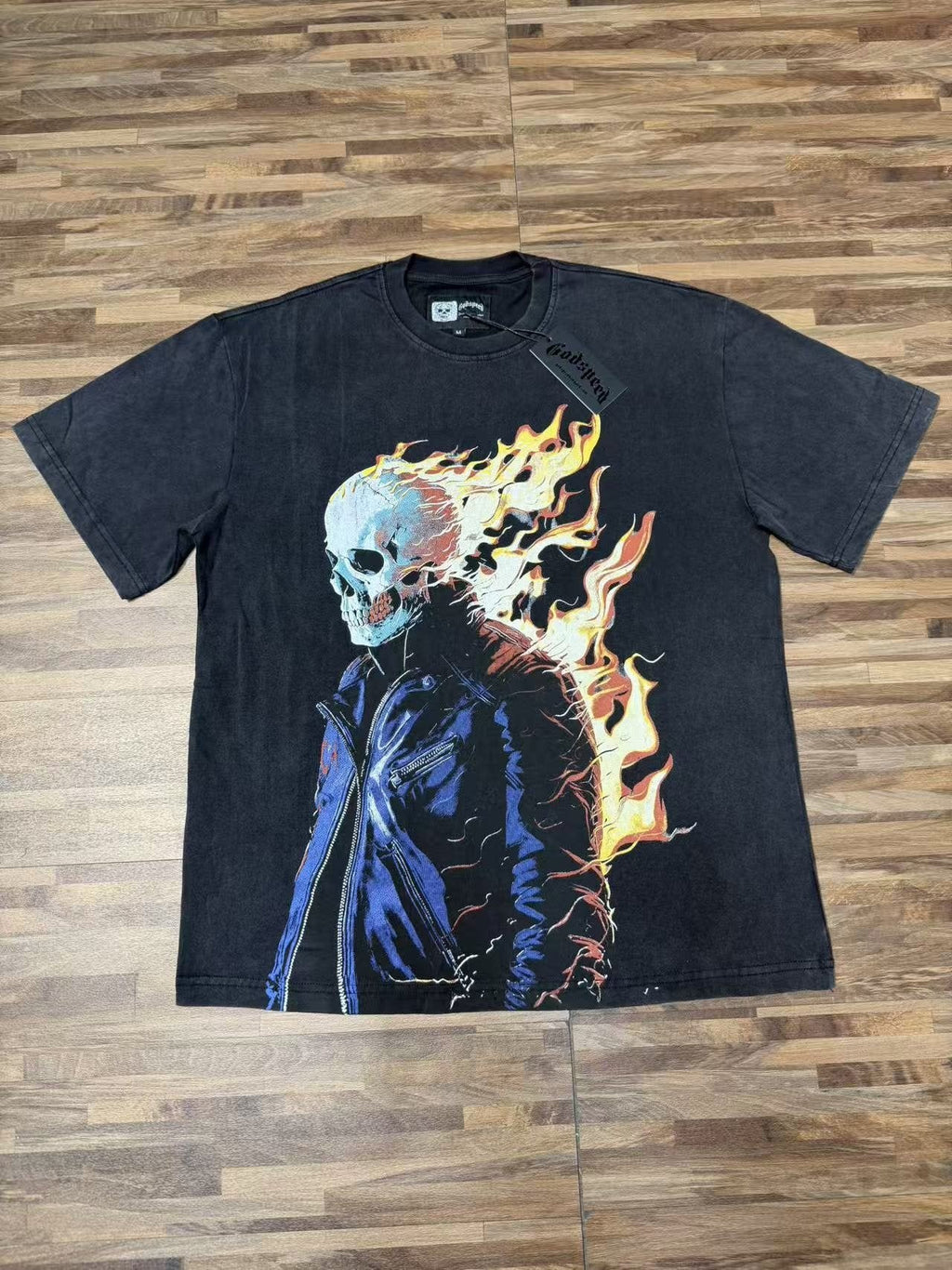 Godspeed Flaming Skull Washed Black Graphic T-Shirt — front