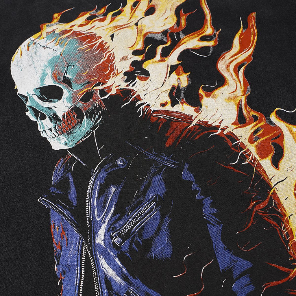 Godspeed Flaming Skull Washed Black Graphic T-Shirt — detail