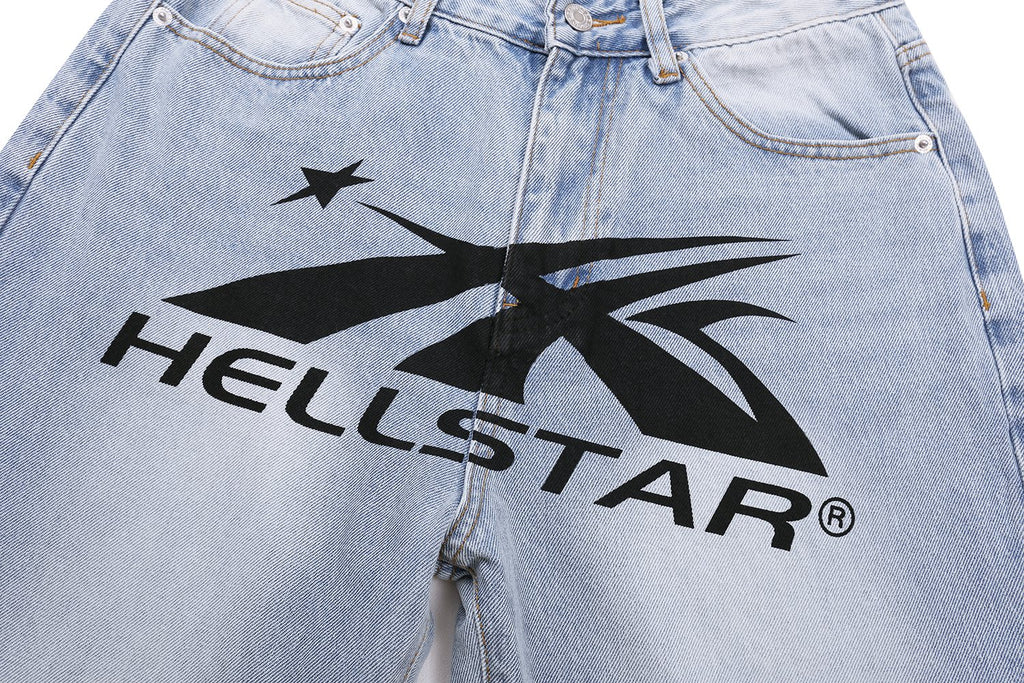 Hellstar Light Blue Washed Graphic Jeans — detail