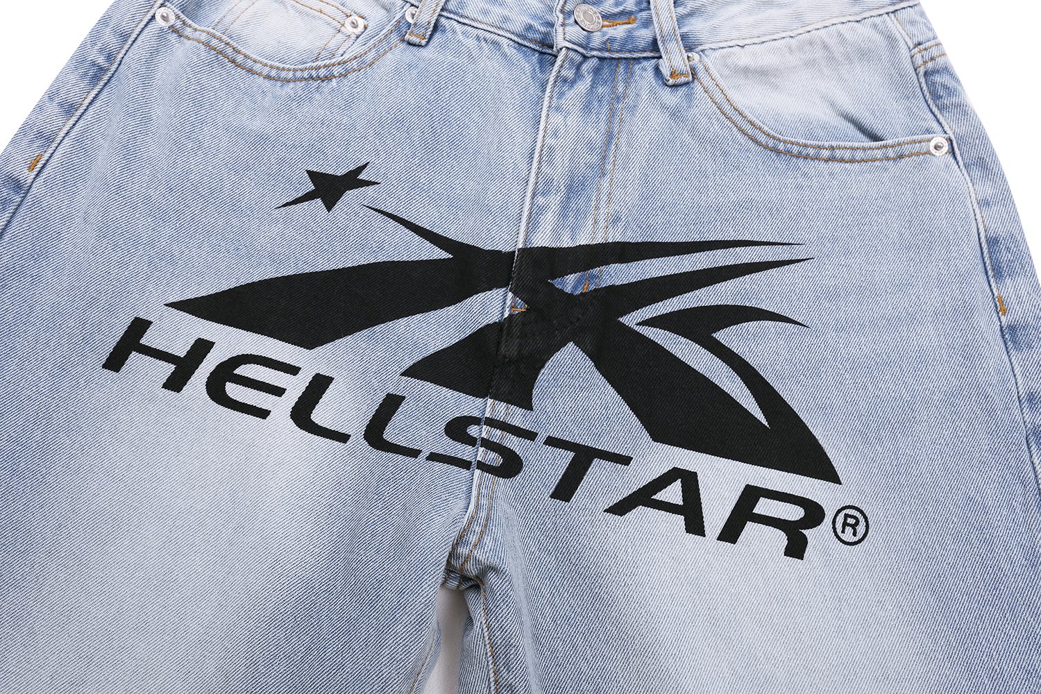 Hellstar Light Blue Washed Graphic Jeans — detail