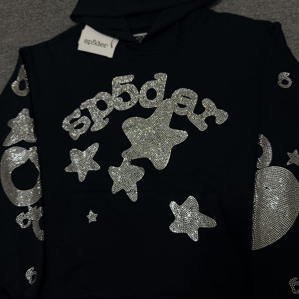 Sp5der Silver Rhinestone-Style Graphic Hoodie — detail